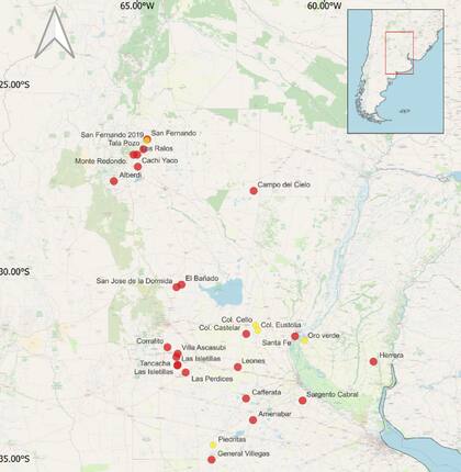 El mapa de las zonas y los porcentajes de supervivencia de la maleza: en amarillo de 0 a 19; en colorado de 20 a 100