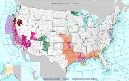 El mapa de los avisos de calor (naranja) y alertas de calor excesivo (violeta) del NWS