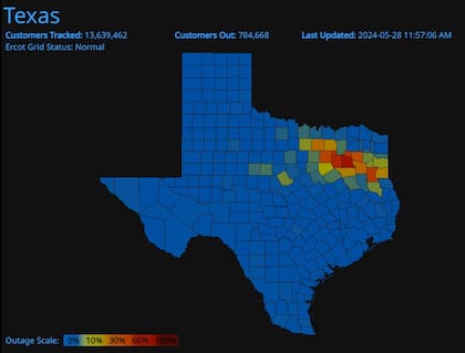 El mapa de los condados de Texas con mayor porcentaje de usuarios afectados por el temporal