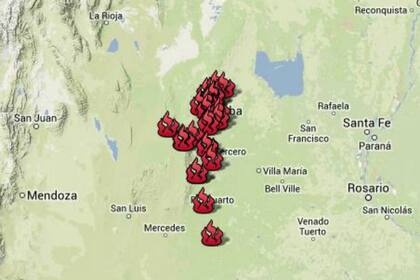 El mapa de los incendios en Córdoba