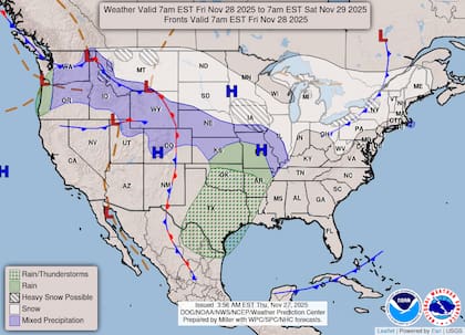 El mapa de nieve (en blanco) y lluvias (en verde) para el viernes 28 de noviembre