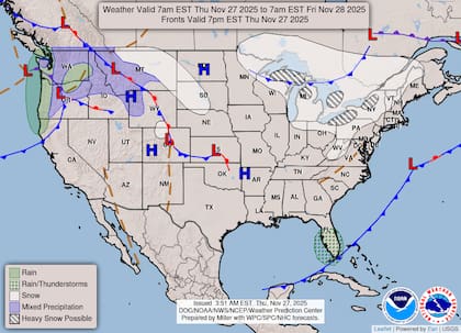 El mapa de nieve (en blanco) y lluvias (en verde) para el jueves 27 de noviembre
