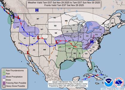 El mapa de nieve (en blanco) y lluvias (en verde) para el sábado 29 de noviembre