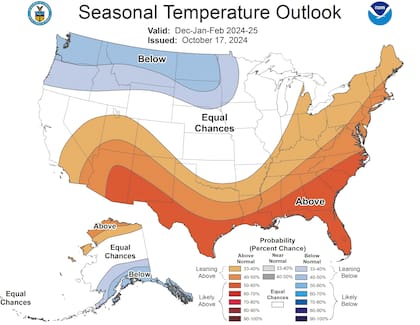 El mapa de pronóstico de temperatura para el invierno de EE.UU. 2024-2025 muestra las mayores probabilidades de condiciones más frías que el promedio en el noroeste del Pacífico de EE.UU.