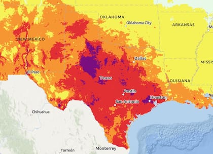 El mapa de riesgo de calor en Texas