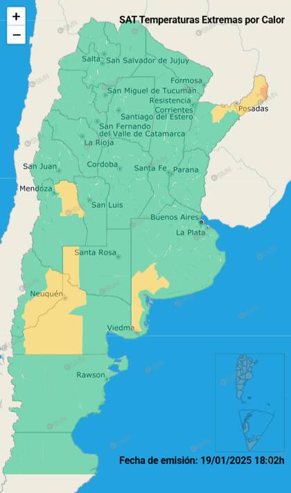 El mapa de SMN con las alertas amarillas para las diferentes provincias del país para este lunes 20 de enero