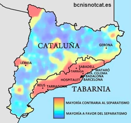 El mapa de Tabarnia, según sus impulsores, en el que se vislumbra la división territorial del voto en Cataluña