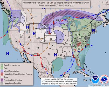 El mapa del clima en Estados Unidos para este 26 de diciembre