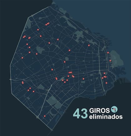 El mapa del gobierno porteño que muestra los giros que fueron eliminados.