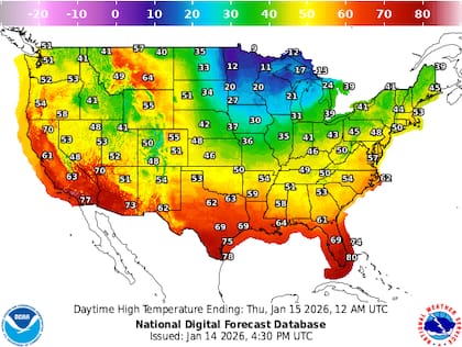 El mapa del NWS muestra un descenso marcado de la temperatura