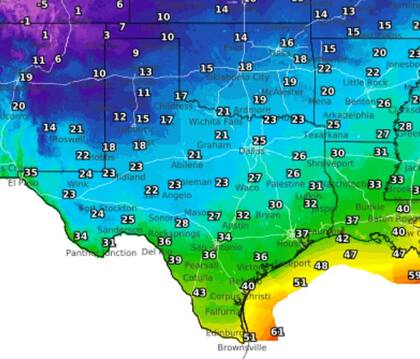 El mapa del pronóstico de la temperatura en Texas para el domingo al mediodía