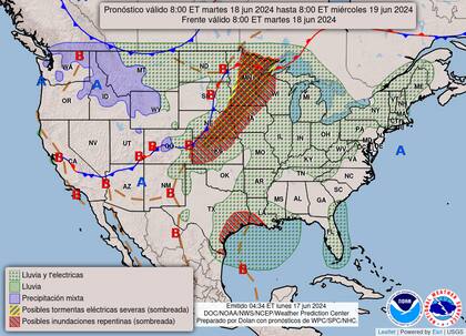 El mapa del pronóstico del clima de EE.UU. para este martes 18 de junio
