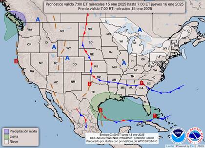 El mapa del pronóstico del clima en EE.UU. para este miércoles 15 de enero