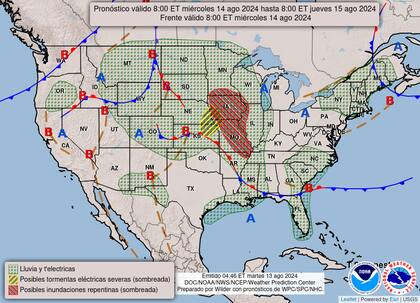 El mapa del pronóstico del clima en EE.UU. para este miércoles 14 de agosto