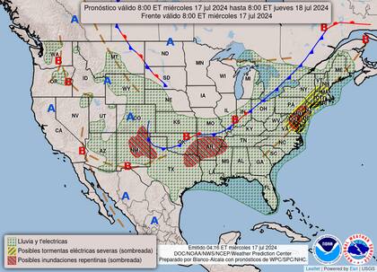 El mapa del pronóstico del clima en EE.UU. para este miércoles 17 de julio
