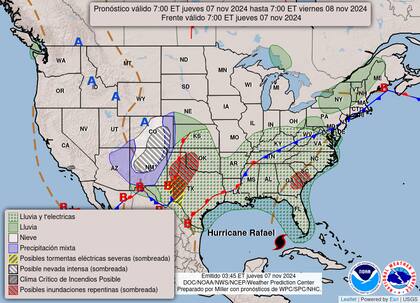 El mapa del pronóstico del clima en EE.UU. para este jueves 7 de noviembre