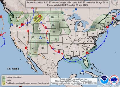 El mapa del pronóstico del clima en EE.UU. para este martes 20 de agosto