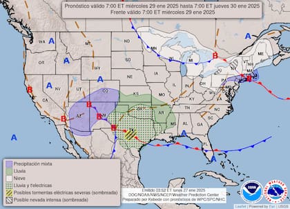 El mapa del pronóstico del clima en EE.UU. para este miércoles 29 de enero