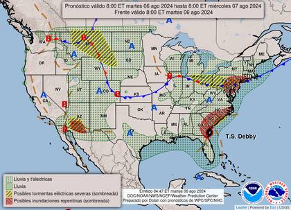 El mapa del pronóstico del clima en EE.UU. para este martes 6 de agosto