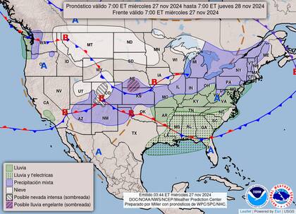El mapa del pronóstico del clima en EE.UU. para este miércoles 27 de noviembre