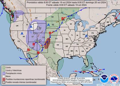 El mapa del pronóstico del clima en EE.UU. para este sábado 20 de octubre