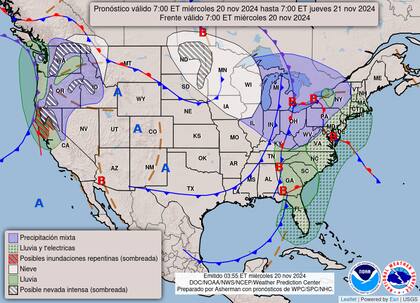 El mapa del pronóstico del clima en EE.UU. para este miércoles 20 de noviembre