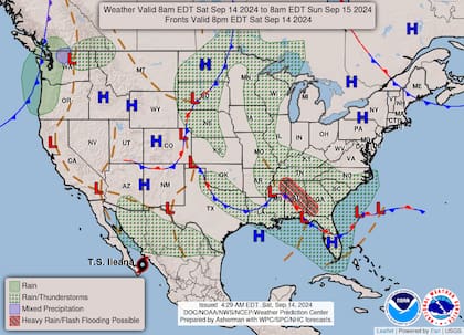 El mapa del pronóstico del clima en EE.UU. para este sábado 14 de septiembre