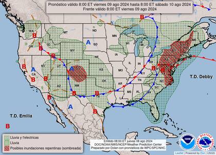El mapa del pronóstico del clima en EE.UU. para este viernes 9 de agosto