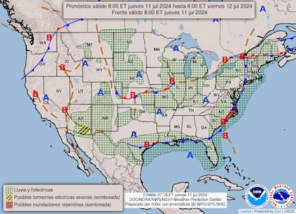El mapa del pronóstico del clima en EE.UU. para este jueves 11 de julio
