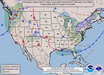 El mapa del pronóstico del clima en EE.UU. para este martes 15 de octubre