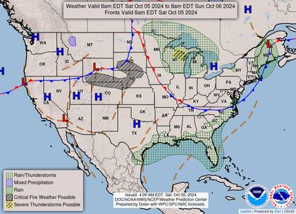 El mapa del pronóstico del clima en EE.UU. para este sábado 5 de octubre