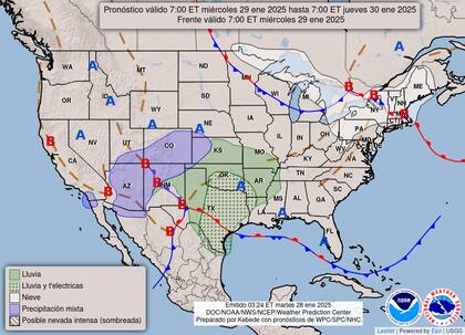 El mapa del pronóstico del clima en EE.UU. para este miércoles 29 de enero