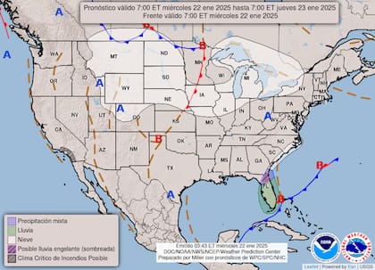 El mapa del pronóstico del clima en EE.UU. para este miércoles 22 de enero
