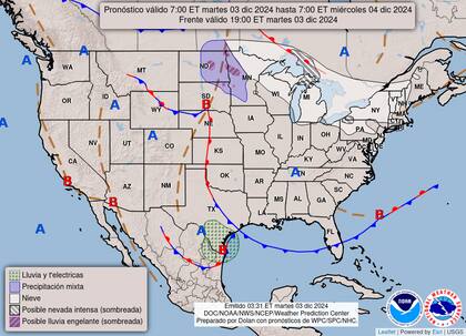 El mapa del pronóstico del clima en EE.UU. para este miércoles 3 de diciembre