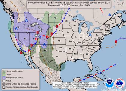 El mapa del pronóstico del clima en EE.UU. para este viernes 18 de octubre