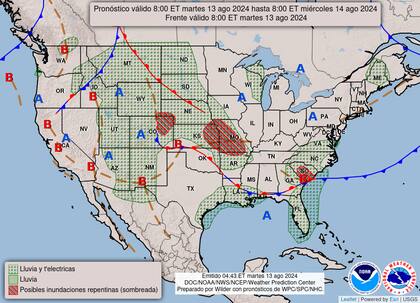 El mapa del pronóstico del clima en EE.UU. para este martes 13 de agosto