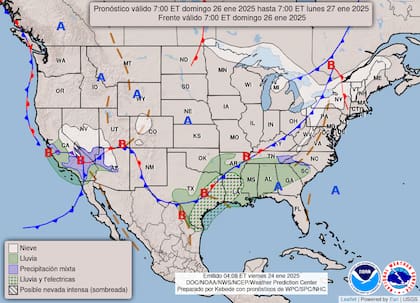 El mapa del pronóstico del clima en EE.UU. para este domingo 25 de enero