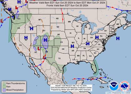 El mapa del pronóstico del clima en EE.UU. para este domingo 20 de octubre
