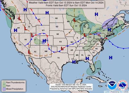 El mapa del pronóstico del clima en EE.UU. para este domingo 12 de octubre