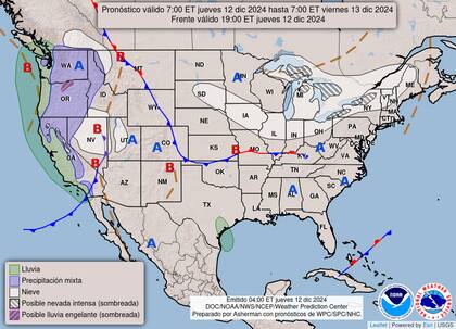 El mapa del pronóstico del clima en EE.UU. para este jueves 12 de diciembre