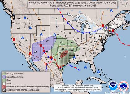 El mapa del pronóstico del clima en EE.UU. para este miércoles 29 de enero