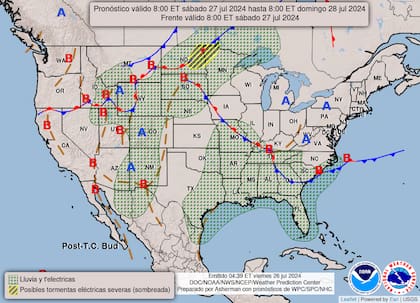 El mapa del pronóstico del clima en EE.UU. para este sábado 27 de julio
