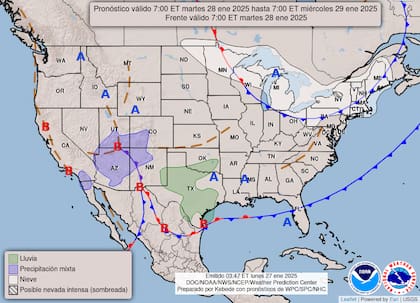El mapa del pronóstico del clima en EE.UU. para este martes 28 de enero