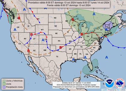 El mapa del pronóstico del clima en EE.UU. para este domingo 13 de octubre