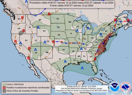 El mapa del pronóstico del clima en EE.UU. para este viernes 12 de julio