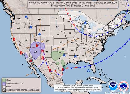 El mapa del pronóstico del clima en EE.UU. para este martes 28 de enero