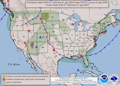 El mapa del pronóstico del clima en EE.UU. para este miércoles 21 de agosto