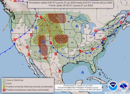 El mapa del pronóstico del clima en EE.UU. para este jueves 27 de junio