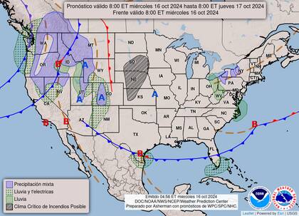 El mapa del pronóstico del clima en EE.UU. para este miércoles 16 de octubre