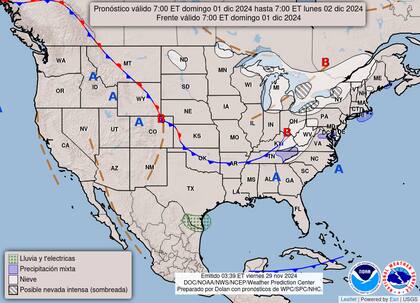 El mapa del pronóstico del clima en EE.UU. para este domingo 1° de diciembre